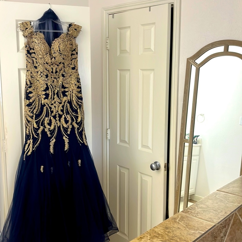 Beautiful long gold and royal blue dress never altered and never worn. shawl